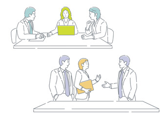 会議中のビジネスパーソンのシンプルな線画イラストセット