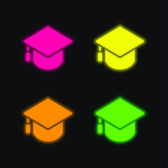 Big Mortarboard four color glowing neon vector icon