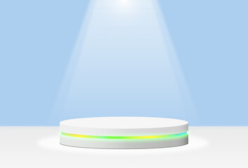 Abstract 3D rendering White cylinder podium studio with a green light and blue wall. Geometric shape object illustration for banner, poster, and wallpaper. Display for a product. copy space.