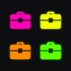 Briefcase four color glowing neon vector icon