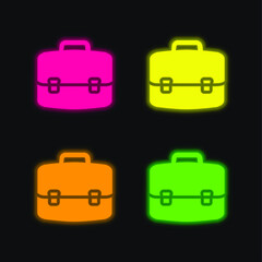 Briefcase four color glowing neon vector icon