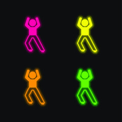Boy Standing Up Stretching Leg four color glowing neon vector icon