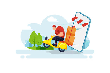 Delivery scooter vector illustration. A man rides a scooter to deliver a customer's package.