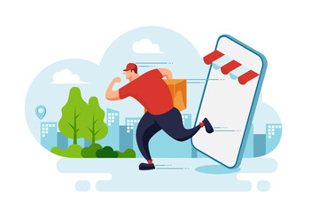 Fast delivery service vector illustration. A man runs to deliver a customer's package.