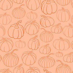Cute fall vector seamless pattern background with various hand drawn pumpkins in outline. Sweet autumn backdrop in warm colors. Aesthetic season texture for Halloween, Thanksgiving cards wallpaper