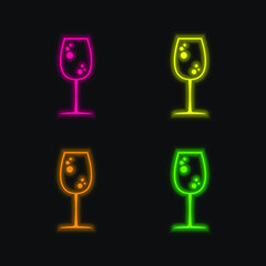 Big Drink Glass With Bubbles four color glowing neon vector icon