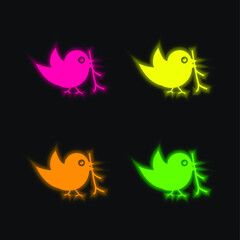 Bird With Sprig In Its Beak four color glowing neon vector icon