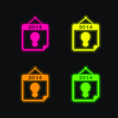 2014 Calendar Symbol With A Lightbulb four color glowing neon vector icon