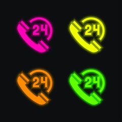 24 Hours four color glowing neon vector icon