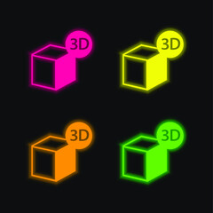 3d Printer Cube Symbol four color glowing neon vector icon