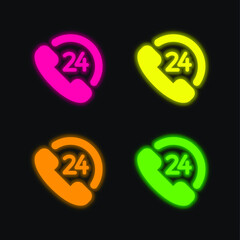 24 Hours Client Service four color glowing neon vector icon