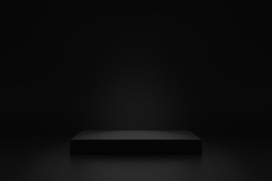 Simple blank luxury black gradient background with product display platform. Empty studio with rectangle podium pedestal on a black backdrop. 3D rendering © ptgregus
