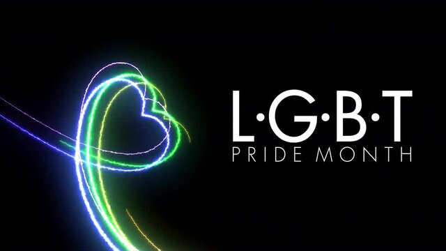 Colorful heart LGBT Pride Month symbol abstract  motion movement line blazing neon glowing on black background 