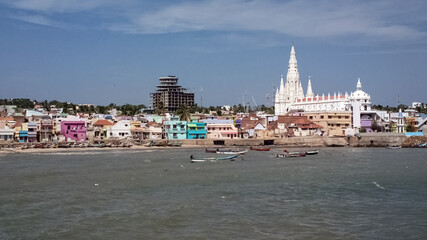 View of the white church in the seaside coastal town of Kanyakumari.