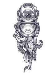 Vintage diving helmet with tentacles. Hand drawn vector illustration in engraving technique of "Mark V" diving helmet and tentacles of an octopus isolated on white background.  