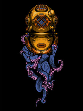 Vintage diving helmet with tentacles. Colorful hand drawn vector illustration in engraving technique of "Mark V" diving helmet and tentacles of an octopus isolated on black background.  