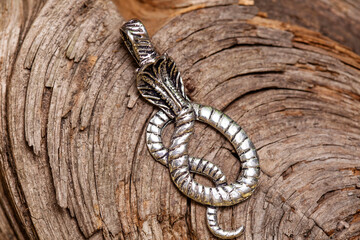 Brass metal pendant on natural background in the shape of cobra