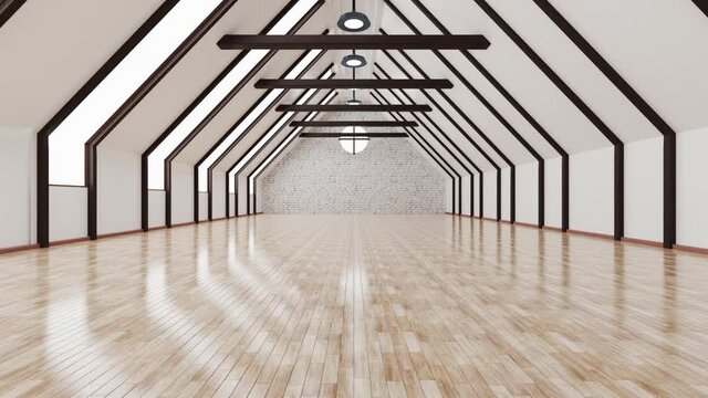 3D Animation of a bright empty attic apartment