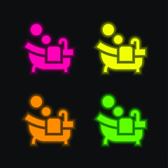 Bathtub four color glowing neon vector icon