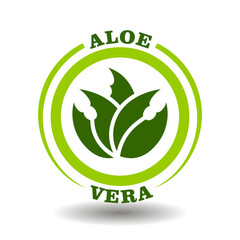 Circle logo Aloe vera with simple cactus leaves symbol in round vector icon. Natural cosmetics sign with bio organic extract, packaging pictogram of aloe gel herbal medicine