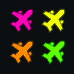 Obraz premium Airplane four color glowing neon vector icon