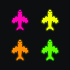 Aeroplane With Four Big Motors four color glowing neon vector icon