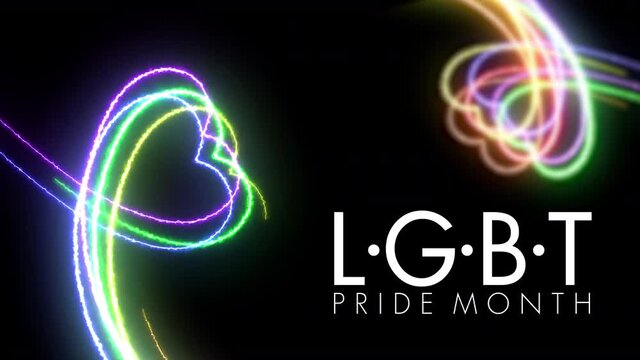 Colorful heart LGBT Pride Month symbol abstract  motion movement line blazing neon glowing on black background 
