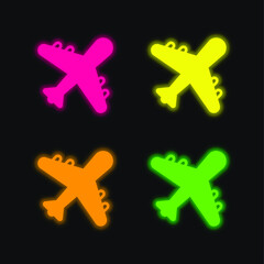 Obraz premium Airplane four color glowing neon vector icon