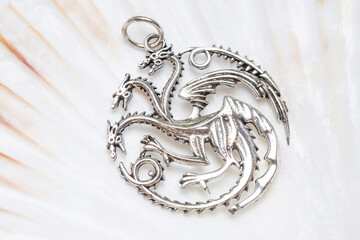 Brass metal pendant on natural background in the shape of dragon