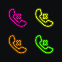 Auricular Of Phone And Cross Sign Outlines four color glowing neon vector icon