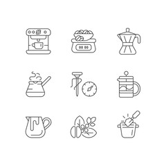 Coffee shop linear icons set. Moka pot. Turkish cezve for brewing drink. Milk pitcher for baristas. Customizable thin line contour symbols. Isolated vector outline illustrations. Editable stroke