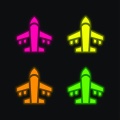 Airplane four color glowing neon vector icon