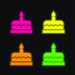 Birthday Cake four color glowing neon vector icon