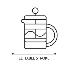 Obraz premium French press linear icon. Kitchen utensil for preparing coffee and tea. Barista accessories. Thin line customizable illustration. Contour symbol. Vector isolated outline drawing. Editable stroke