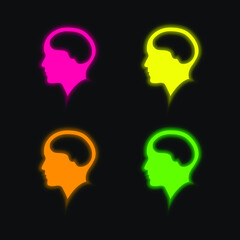 Brain Inside Human Head four color glowing neon vector icon