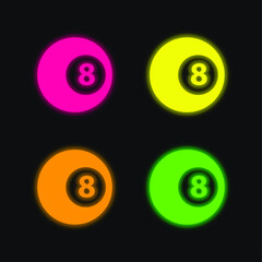 Black Eight Billiard Ball four color glowing neon vector icon