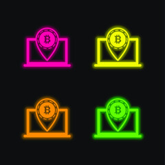 Bitcoin Symbol Placeholder In Laptop four color glowing neon vector icon