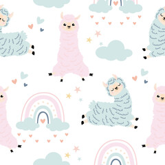 Lamas vector seamless pattern with rainbows and clouds on white color background. Cute cartoon personage llama. nursery printable stuff. Alpaca Seamless Pattern. Children's, Textiles, Wallpapers © Krapiva Studio