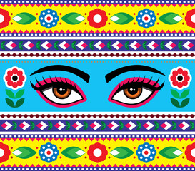 Indian truck art vector seamless pattern with Kali godess eyes and flowers - long vertical design - obrazy, fototapety, plakaty