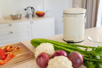 Close up of fresh vegetables lying on white countertop in kitchen
