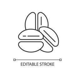 Coffee beans linear icon. Roasted seeds for espresso preparation. Barista accessories. Thin line customizable illustration. Contour symbol. Vector isolated outline drawing. Editable stroke