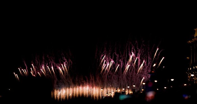 Real Fireworks on Deep Black Background Sky on Fireworks festival show before independence day on 4 of July. Beautiful fireworks show. 4K slow motion 100 fps