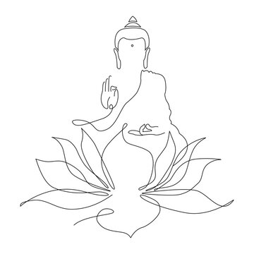 recommend clip art: One line art silhouette of buddha and lotuse flower isolated on white background for logo, greeting cards, business card. One continuous line drawn Buddha statue Buddhist character.