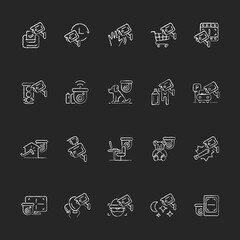 Surveillance and security systems chalk white icons set on dark background. CCTV camera installation. 24 7 protection. House intrusion prevention. Isolated vector chalkboard illustrations on black