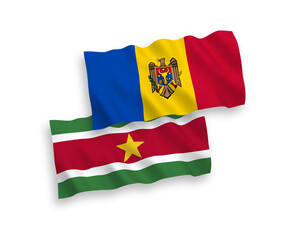 Flags of Republic of Suriname and Moldova on a white background