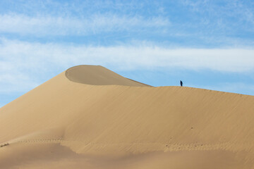 Fototapeta na wymiar a man walks on the sand in the Altyn Emel National Park in Kazakhstan