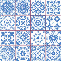 Portuguese and Spanish azulejo tiles seamless vector pattern collection in blue and white, traditional floral design big set inspired by tile art from Portugal and Spain
