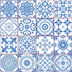 Stof per meter Portugese en Spaanse azulejo tegels naadloze vector patroon collectie in blauw en wit, traditionele bloemdessin grote set geïnspireerd door tegelkunst uit Portugal en Spanje © redkoala