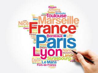 List of cities and towns in FRANCE, map word cloud collage, business and travel concept background