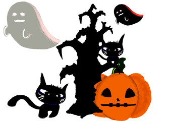 ハロウィンの日、古い枯れ木に集まるおばけと黒猫とカボチャ